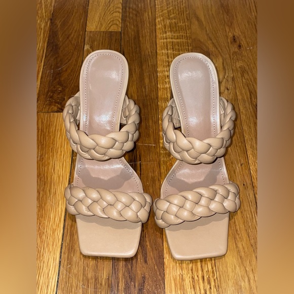 Women's Braided Heeled Sandals Backless Square Open Toe Block Slide Sandals - Picture 3 of 6